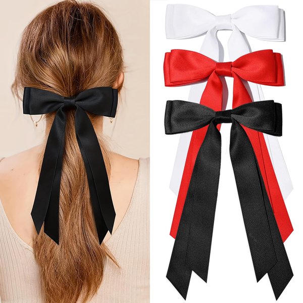 3Pcs Silky Satin Hair Bow Clips for Women Girls | Black White Red Bows for Hair with Long Tail | Hair Ribbon Ponytail Holder Accessories | Cute Bow Hair Clips for Women Girls Toddlers Teens Kids