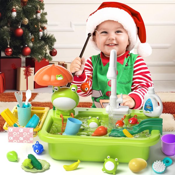 Toddler Toys Kitchen Sink & Fishing Playset – Play Sink with Running Water, Electric Faucet, Play Food & Kitchen Accessories, Bath Water Toys, Pretend Play Toys for Boys Girls Gifts – 3 Years +