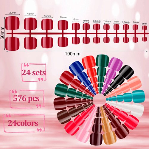 576 Pieces 24 Sets Short False Toenails Glossy Press on Toe Nails Short Square False Nail Solid Color Full Cover Square Fake Nails Colorful Artificial Nail Tips for DIY Nail (Classic Colors)