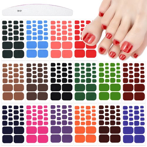 JERCLITY 352 Pieces 16 Sheets Bright Solid Color Toe Nail Polish Strips Toenail Wraps Self-Adhesive Full Nail Stickers Colorful Nail Art Decals Strips with Nail File for Women Girls Nail Art