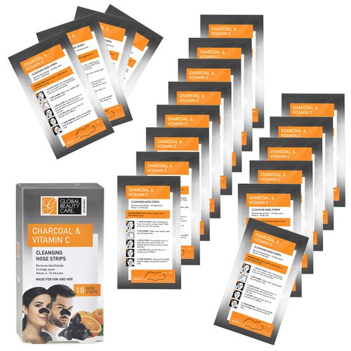 Global Beauty Care Premium 18 Nose Cleansing Strips of Activated Charcoal & Vitamin C Nose Strips For Blackheads Removal Charcoal Blackhead Remover Strips - 18 Ct
