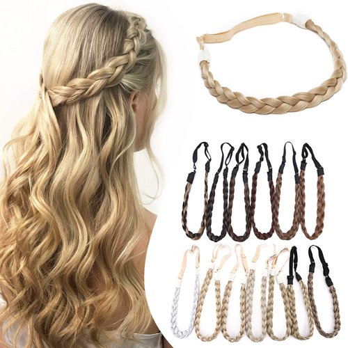 Hairro Braid Hairband Braided Hair Band Braided Hairband Braid Headband Synthetic Hair Plaited Braided Headband Elastic Stretch Hair Braided Hairpiece 3 Strands For Women Girls 27g #26/613 Blonde