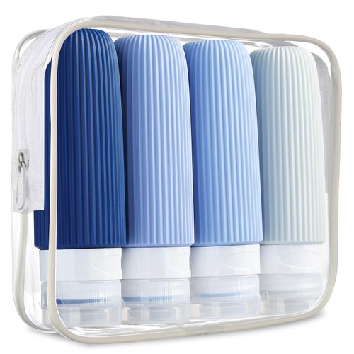 Mrsdry Travel Bottles for Toiletries, Tsa Approved 3oz Portable Travel Bottles, BPA Free Leak Proof Squeezable Silicone Travel Size Containers, Travel Accessories with Clear Toiletry Bag (4 Pack)
