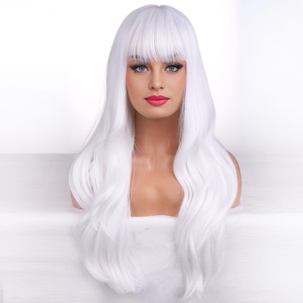 BERON 26 Inches White Wig Long Wavy Wig with Bangs Synthetic Wig Long Wig White Wigs for Daily Party with Wig Cap