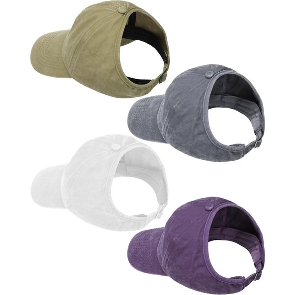 Jiuguva 4 Pack Backless Ponytail Caps Baseball Caps High Messy Bun Baseball Hats for Women Adjustable(White, Grey, Purple, Khaki)