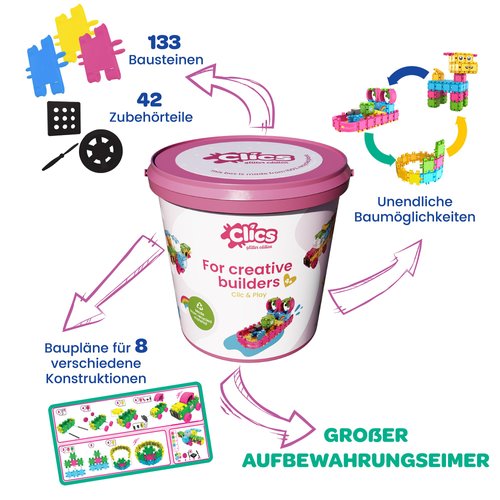 Clics construction toys, Glitter Bucket, 133 building blocks, 42 accessories and stickers,educational kids toys,STEM toys for 3 year old boys & girls and older, DURABLE TOYS made from RECYCLED PLASTIC