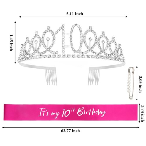 CAVETEE 10th Birthday Crown, 10th Birthday Crown and Sash for Girls Happy Birthday Decorations for Birthday Gifts