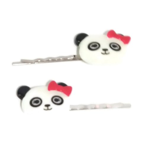 PANDA BEAR HEAD Animal Bobby PIn Hair Clip Accessory - Set of 2 Handmade