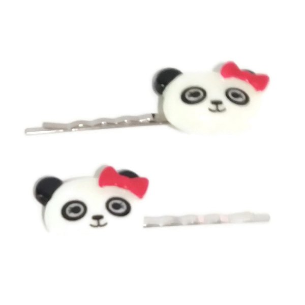 PANDA BEAR HEAD Animal Bobby PIn Hair Clip Accessory - Set of 2 Handmade