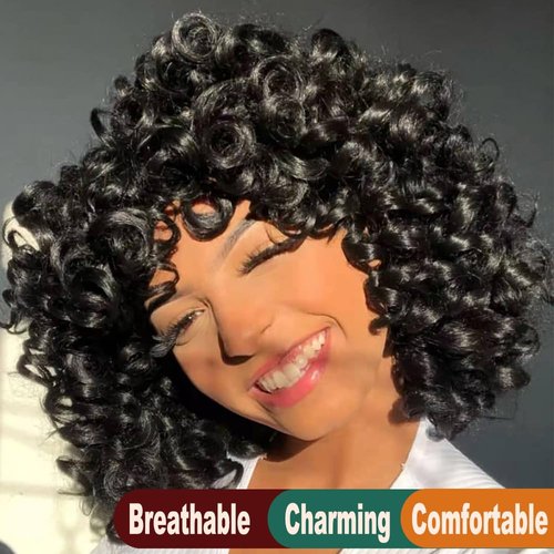 KEVVTY Black Curly Wigs for Black Women Short Curly Wigs With Bangs For Women Synthetic Afro Curly Wigs Bouncy Fluffy Curly Hair Wigs Glueless Daily and Cosplay