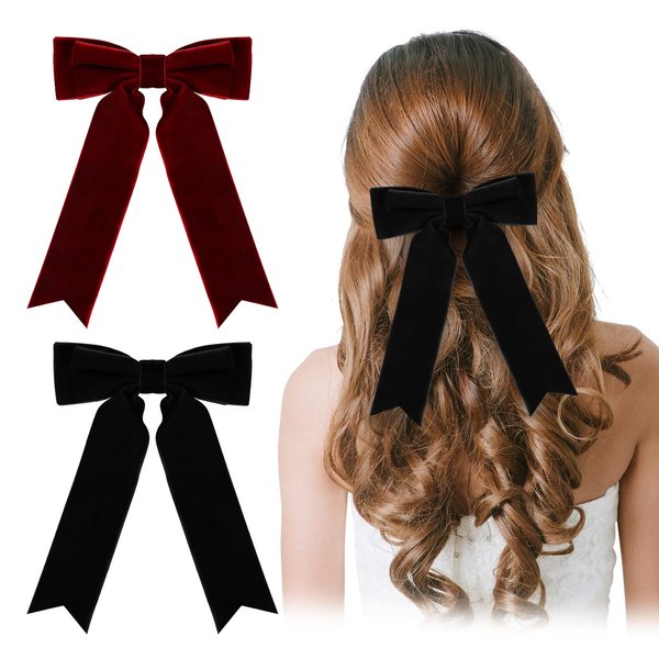 Swallow Tail Velvet Bow Hair Ties, Classy Women Girls Hair Styling Accessories, Gift Hair Bows Elegant Hair Clips for Mom Teen Toddler Girl Stuff, Back to School Outfits, Black and Burgundy