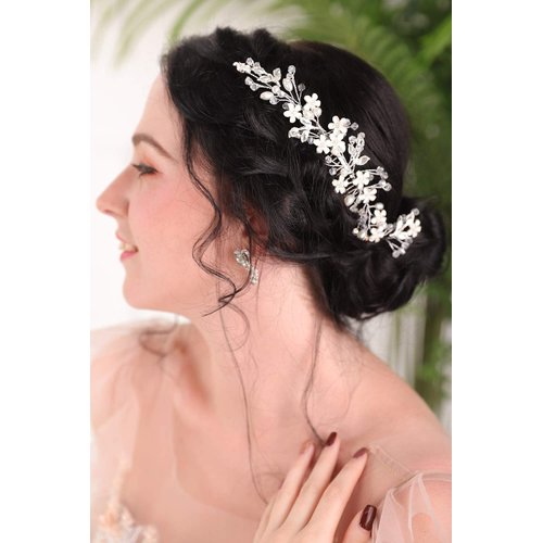 FXmimor Wedding Cream White Flower Rhinestone Crystal Pearl Comb Silver Hair Accessory Hair Comb with Hand Painted Leaf Bridal Headpiece Vintage Comb Barrette for Women and Girls(Silver)