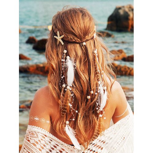 CAKURE Starfish Headband White Feather Headpiece Hippie Gypsy Indian Hair Band Adjust Headdress Feather Hair Accessories for Women and Gilrs (Type3)