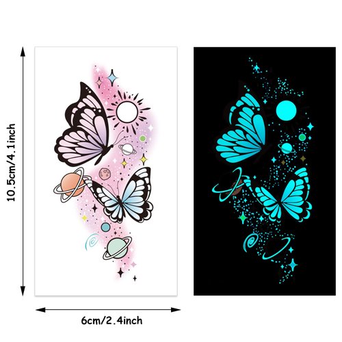 Glow In The Dark Butterfly Tattoos for Kids Girls, Konsait 12 Sheets Safe and Easy to Use Neon Butterfly Temporary Tattoos, Temporary Butterfly Glow Tattoos Glow Party Makeup Supplies Party Favors