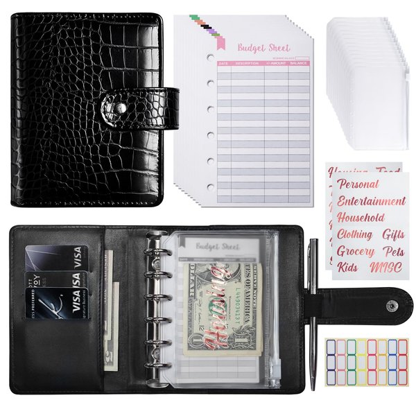 Zreal A7 Budget Binder with 12 Cash Envelopes, Money Organizer for Cash, Black Mini Binder Wallet for Cash Stuffing Binder, Money Saving Book, Cash Envelopes for Budgeting