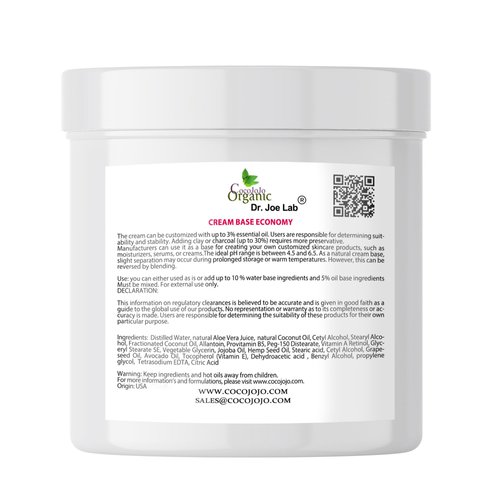 cocojojo CREAM BASE ECONOMY - RICH BASE CREAM FOR COSMETICS, MADE WITH VITAMINS AND COSMETIC GRADE OILS, 100% VEGAN, GENTLE AND HYDRATING - 2 LB