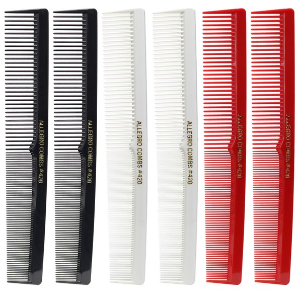 Allegro Combs 420 Barber Comb Set for Hair Cutting and Styling - 6 Pocket Combs for Stylists in Black, Red and White