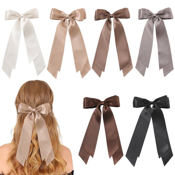 6 PCS Hair Bows for Women, Hair Ribbon Bow Hair Clips, Silky Satin Hair Bows, Slide Metal Clips Hair Bow with Long Tail, Hair Bow Barrettes Clips for Girls, Valentines Birthday Gift