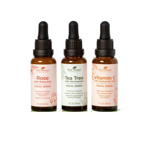 Plant Therapy Facial Serum Trio Set 1 oz each, Vitamin C & Hyaluronic Acid, Rose with Bakuchiol & Tea Tree with Niacinamide, Reduces the Appearance of Fine Lines & Wrinkles