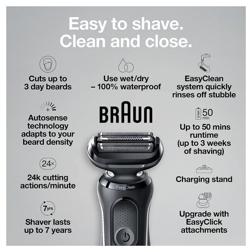 Braun Electric Razor for Men, Waterproof Foil Shaver, Series 5 5050cs, Wet & Dry Shave, with Beard Trimmer and Body Groomer, Rechargeable, Charging Stand Included, Blue