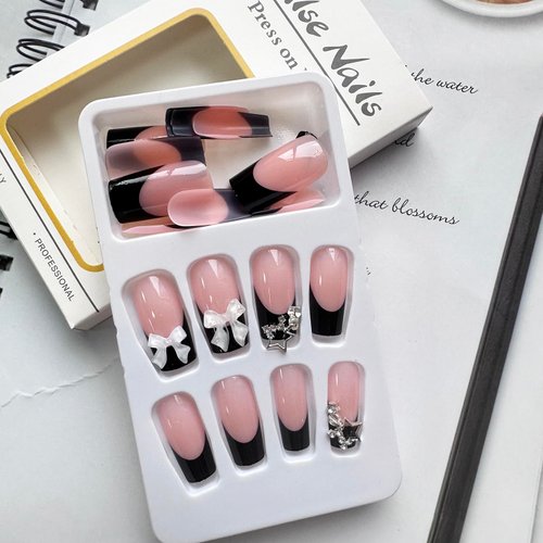Black French Tip Press on Nails Medium Fake Nails Square Full Cover Glue on Nails Bow-Knot Star Designs Cute False Nails Glossy Stick on Nails for Women Girls Acrylic Manicure Salon 24Pcs