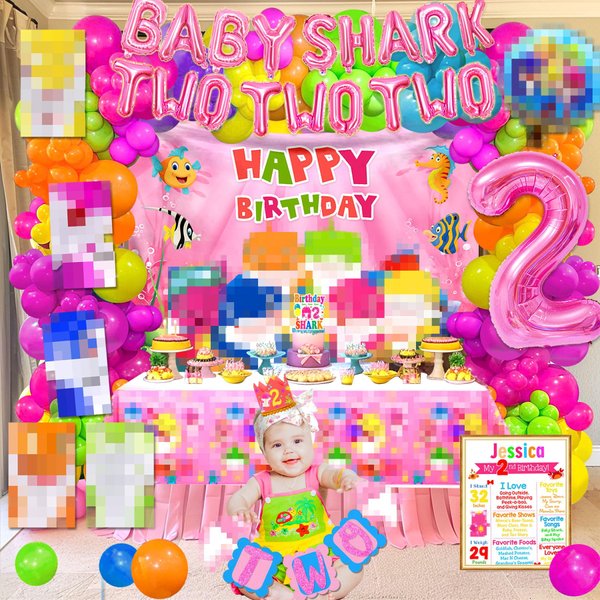 Little Shark Baby Girl Birthday Decorations for Shark Two Two Two Baby Girl Birthday, Shark Family Baby Foil Balloons Included, Backdrop Cake Topper with Shark Cute Baby Pattern for 2nd Birthday Girl