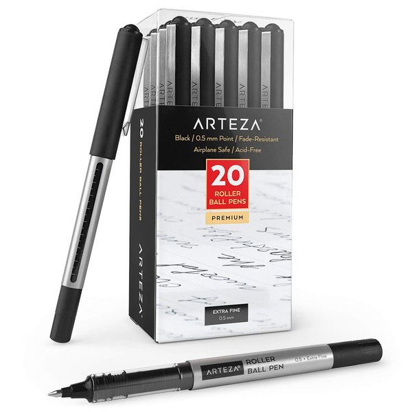 ARTEZA Rollerball Pens, Pack of 20, Fine Point, 0.5mm Black Liquid Ink Pens for Bullet Journaling, Office Supplies for Writing, Taking Notes, School