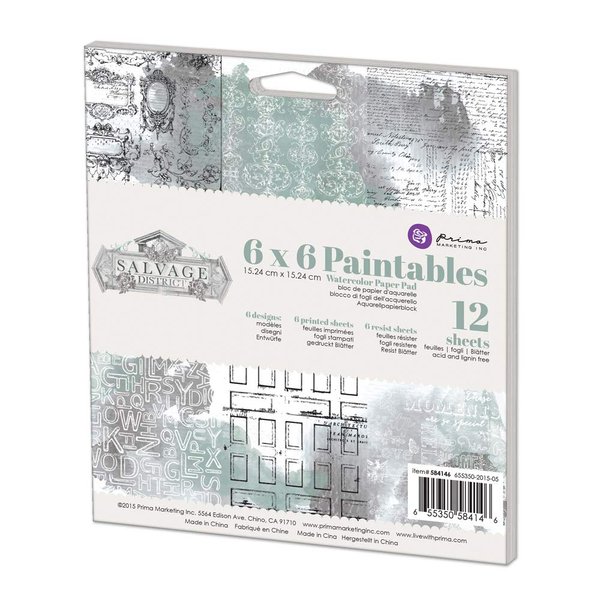Prima Marketing 584146 Salvage District Paintable Watercolor Paper Pad (12/Pack), 6" by 6", Multicolor