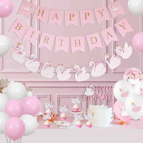 Swan Birthday Party Decorations, Swan Princess Party Decorations Banner White Pink Swan Balloon Cake Cupcake Topper Balloon for Girl Birthday Party Baby Shower