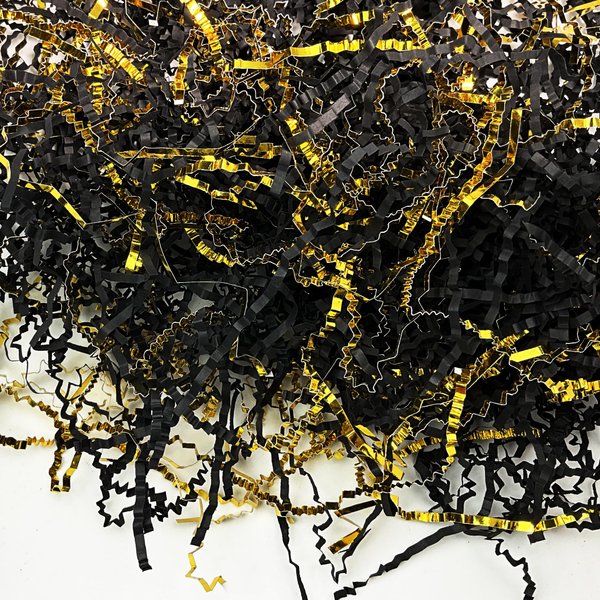 Crinkle Cut Paper Shred Filler Black & Gold for Gift Wrapping & Basket Filling - (1/2 LB)