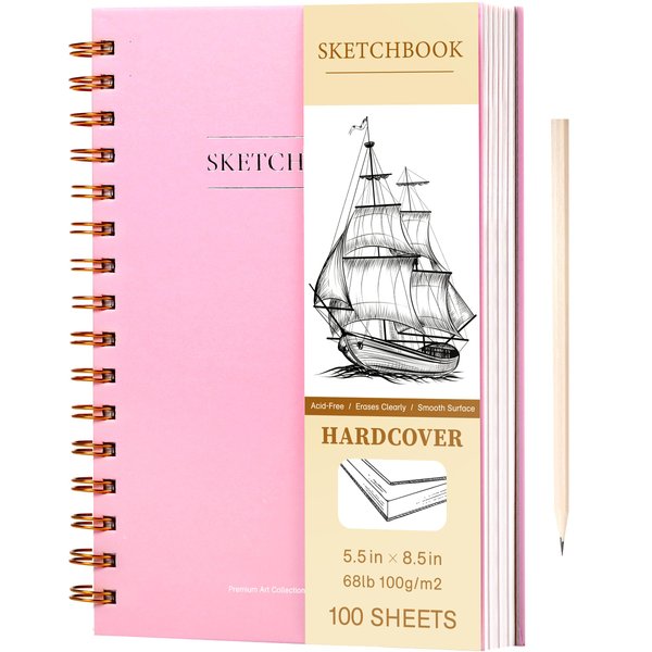 Yoment 5.5" x 8.5" Sketch Book Small Sketchbook for Drawing 100 Sheets Hardcover Spiral Sketch Pad for Kids(68lb/100gsm) Art Sketchbook Drawing Blank Paper Book for Beginner Artist with Pencil Pink