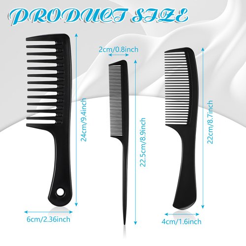 Patelai 3 Pcs Wide Tooth Detangling Hair Comb Detangling Hair Comb Hair Styling Comb Set, Carbon Fiber Cutting Comb Anti Static Heat Resistant Comb for Women Curly Straight Long Hair, Black (Elegant)