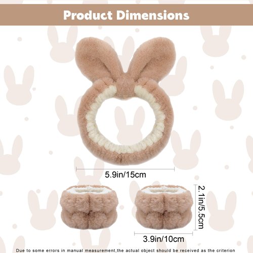 Face Wash Headband and Wristband Set | Spa Headband and Wristband Set Combination | Essential Beauty Routine Accessory | Bunny Ears Headband | 3-Piece Set | Coral Fleece | For Women and Girls