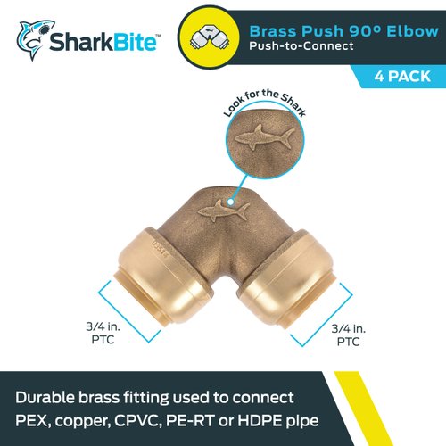 SharkBite 3/4 Inch 90 Degree Elbow, Pack of 4, Push to Connect Brass Plumbing Fitting, PEX Pipe, Copper, CPVC, PE-RT, HDPE, U256LFA4