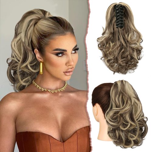 SOFEIYAN Ponytail Extension 11" Claw Clip Ponytail Hair Extensions Long Curly Wavy Ponytail Fluffy Clip on Pony Tails Synthetic Hairpiece for Women，Ash Brown Highlighted Bleach Blonde