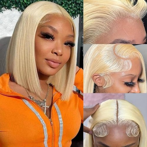 Hoscod 13x4 HD Transparent Lace 613 Bob Wig Human Hair 12 Inch Straight Blonde Bob Wig Human Hair Pre Plucked with Baby Hair 180 Density 613 Blonde Lace Front Wigs for Women Short Glueless Bob Wigs
