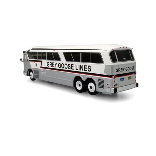 MCI MC-7 Challenger Intercity Coach Grey Goose Lines Winnipeg (Canada) White and Silver with Stripes Vintage Bus & Motorcoach Collection 1/87 (HO) Diecast Model by Iconic Replicas 87-0335