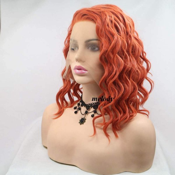 melody wig 14" Orange Wigs Syntehtic Orange Lace Front Wigs For Women Hair Short Curly Wig Heat Resistant Fiber Orange Hair Wig Cosplay Wigs