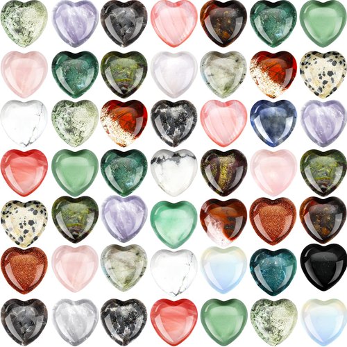 Fumete 60 Pieces Mix-Color Crystal Natural Heart Stone Mini 20 mm Pocket Heart Love Carved Palm Puffy Shaped Chakra Reiki Energy Balancing Stone for Decoration (Retro Pattern)