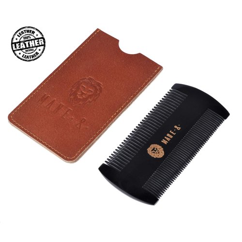 Premium 100% Oxhorn Dual-Action Beard Comb with Genuine Leather Case – the Perfect Beard Grooming Gift for Men by Man & Mane.