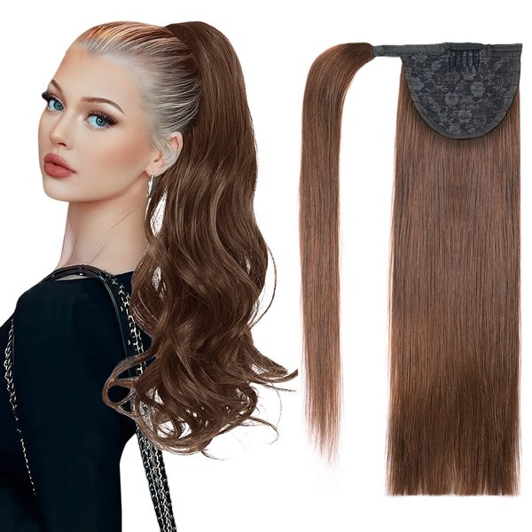 18"Human Hair Ponytail Wrap Around Clip in Ponytail Hair Extensions for Women Chocolate Brown(#4) 100g/3.5oz