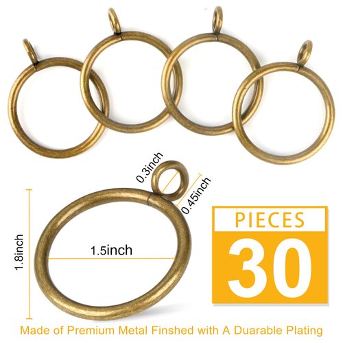 1 1/2-Inch Antique Brass Curtain Rings with Eyelets for Curtain Rods (Set of 30 PCS Curtain Rings)
