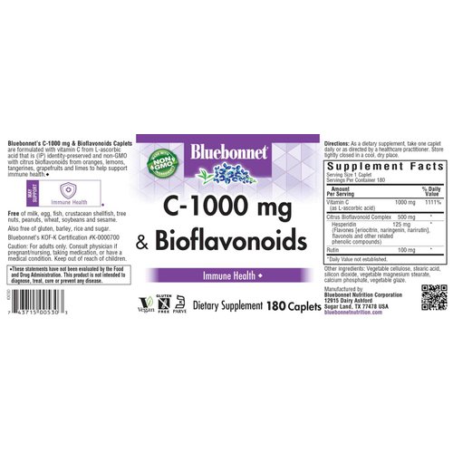 Bluebonnet Nutrition C-1000 mg Plus Bioflavonoids Caplets, Vitamin C 1000 mg, Citrus Bioflavonoids 500 mg, for Immune Health, Soy Free, Gluten Free, Non-GMO, Kosher, Dairy Free, Vegan, 180 Caplets