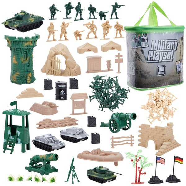 Juvale 100-Piece Army Men Toy Soldiers Playset for Boys – Small Plastic Action Figures, Military Battlefield Fort Accessories, Tanks