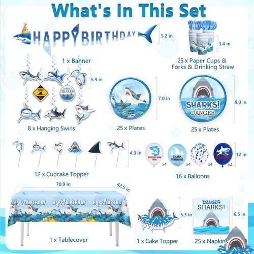 cocomigo 197 Pcs Shark Birthday Party Decorations Tableware Set, Shark Party Supplies Include Banner, Plates, Tablecloth, Cake Topper and Balloons Etc, for Shark Themed Decorations Serves 25 Guests