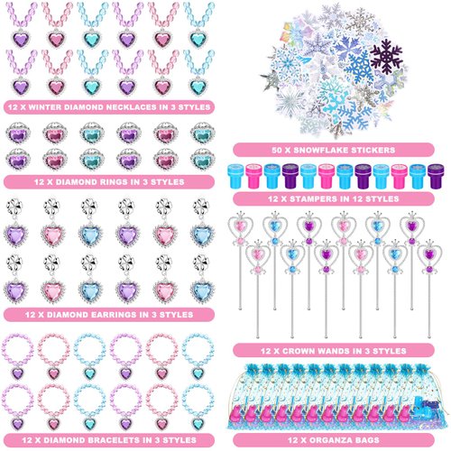 Faccito 134 Pieces Princess Party Favors Winter Birthday Party Supplies Snowflake Jewelry Gifts Set for Kids Include Diamond Necklaces Bracelets Rings Earrings Stickers Crown Wand Stampers Bags