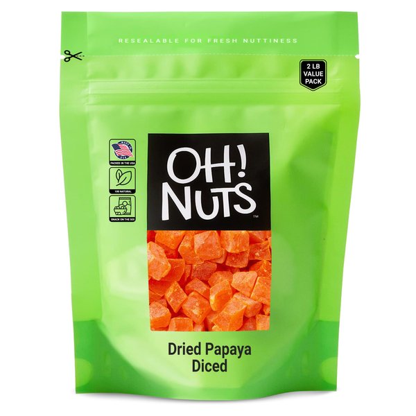 Oh! Nuts Dried Diced Papaya | 2lb Bulk Bag Dehydrated Pawpaw Tree Papaya Cubes for Snacking & Baking | Light Sugar Coating, Low Sodium, Dairy Free, Low Cholesterol, Low Fat & High Fiber Fruits