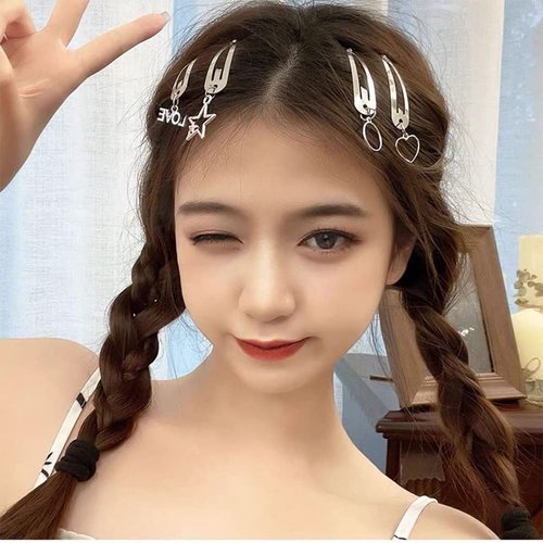 Metal Snap Hair Clips Barrettes for Women Thick Thin Hair Snap Clips Circle Heart Star Silver Hair Barrettes for Women Girls Punk Hair Clip Bow Hairpin 6Pcs