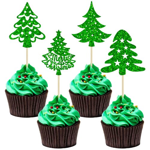 Gyufise 24Pcs Christmas Tree Cupcake Toppers Star Green Glitter Christmas Tree Cake Decorations for Merry Christmas Theme New Year Holiday Baby Shower Kids Birthday Party Supplies