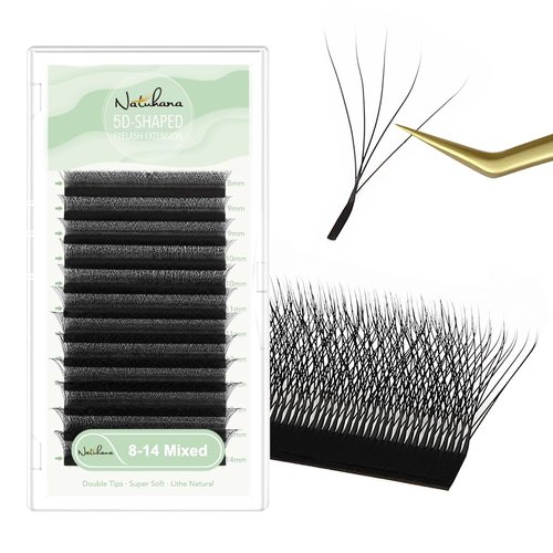 NATUHANA W Shaped Clover Eyelashes Extension 5D Premade Fans 0.07mm LU Curl 8-14 Mixed Tray Volume Lash Cluster W Lashes Supplies Automatic Blooming Flower Lash Extensions (5D black;0.07 LU, 8-14 MIX)